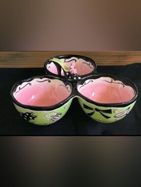 Clay Art - 3-section Condiment Serving Dish - GIRLS NIGHT OUT Pattern, Vintage